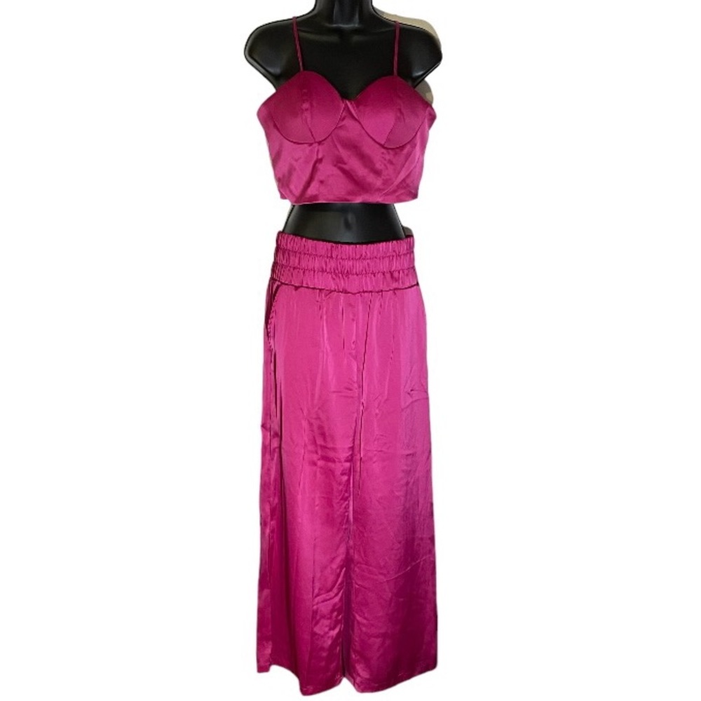 Sincerely Jules Pant Set Pink Satin Corset Top and Wide Leg Pants Women’s Large